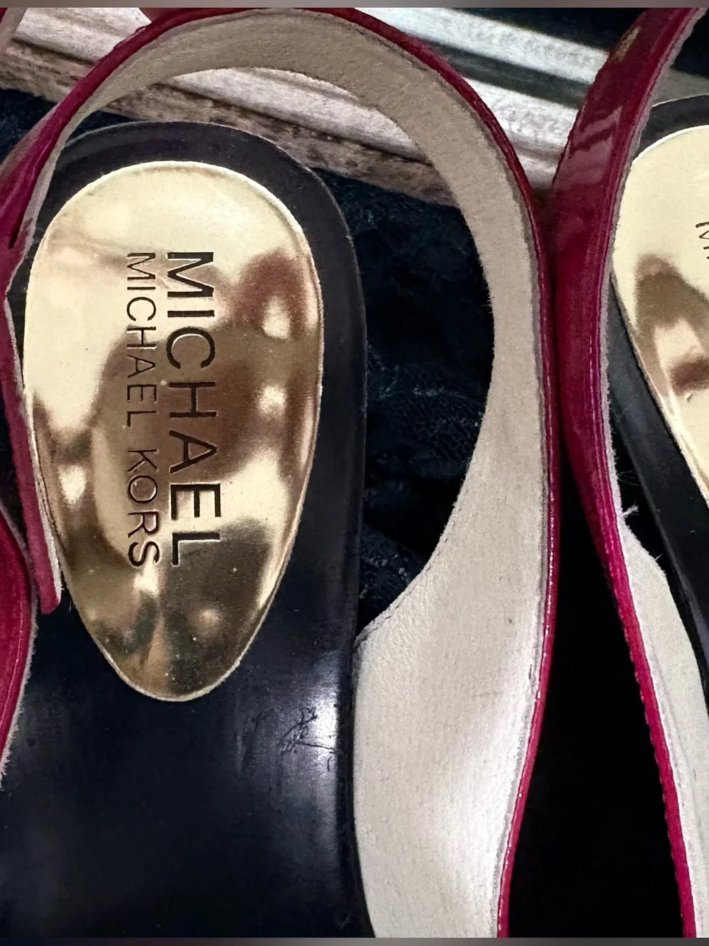 Size 5 Michael Kors Glossy Red  Patent MK Logo Slide Sandals